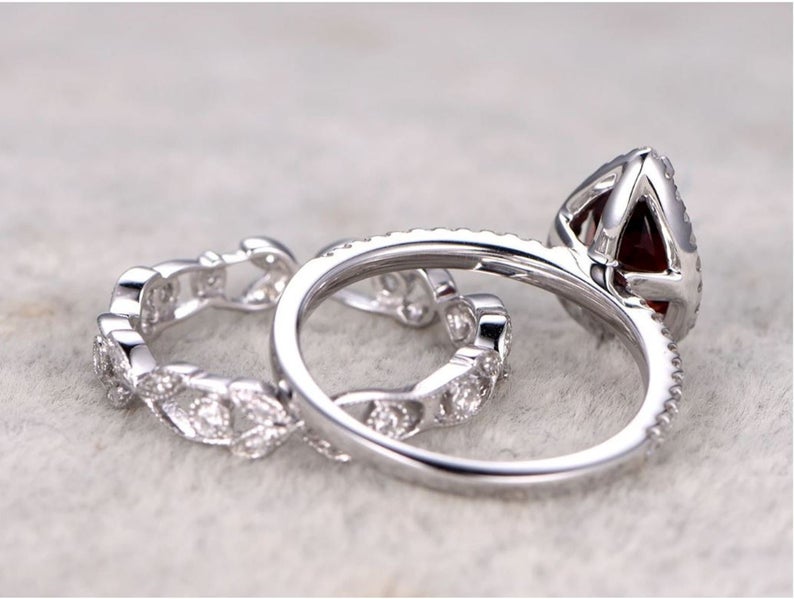 2 CT Pear Cut Ruby Diamond 925 Sterling Silver Halo Wedding Bridal Ring Set