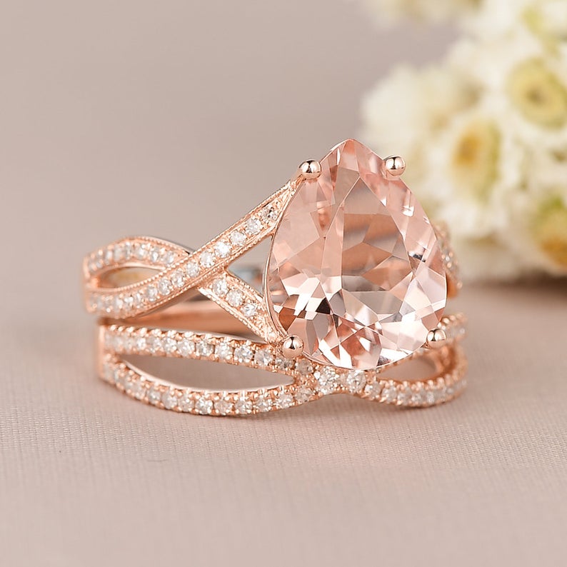 1 CT Pear Cut Morganite Diamond Rose Gold Over On 925 Sterling Silver Infinity Wedding Bridal Ring Set