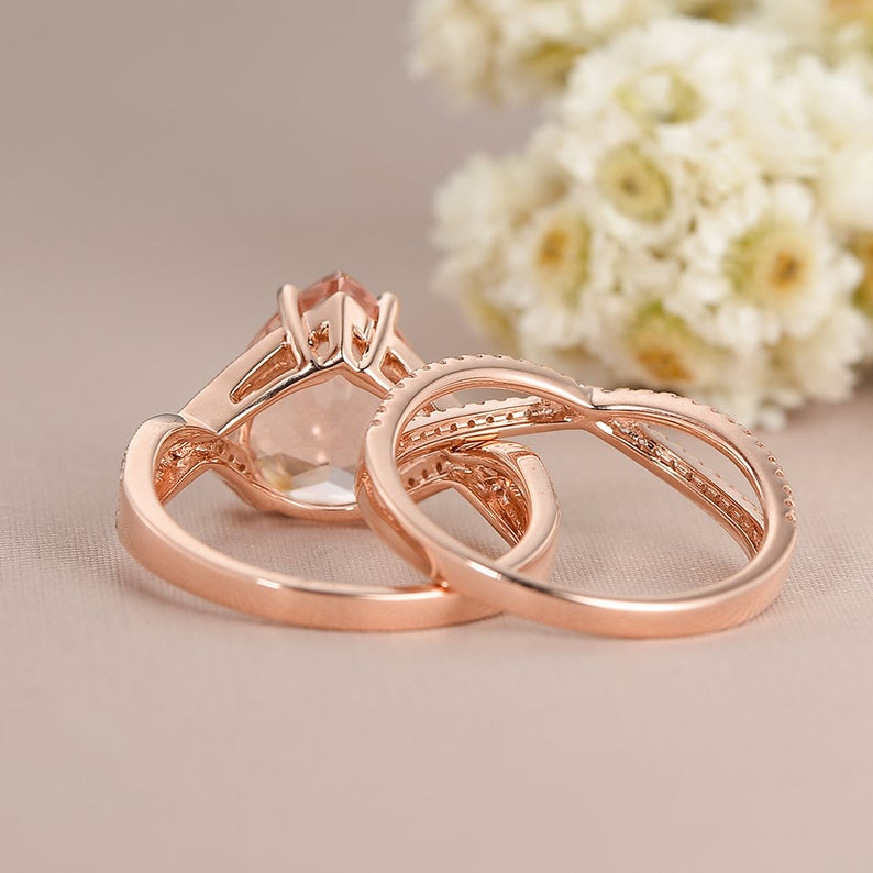 1 CT Pear Cut Morganite Diamond Rose Gold Over On 925 Sterling Silver Infinity Wedding Bridal Ring Set