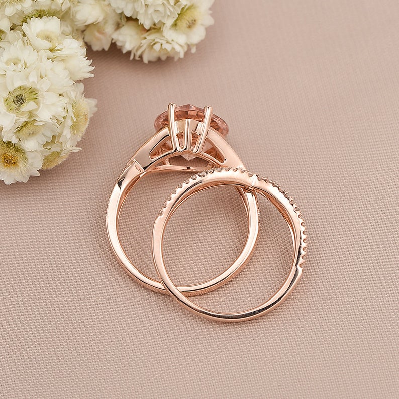 1 CT Pear Cut Morganite Diamond Rose Gold Over On 925 Sterling Silver Infinity Wedding Bridal Ring Set