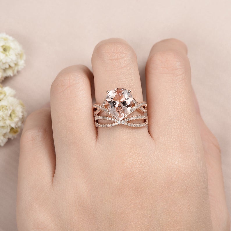 1 CT Pear Cut Morganite Diamond Rose Gold Over On 925 Sterling Silver Infinity Wedding Bridal Ring Set