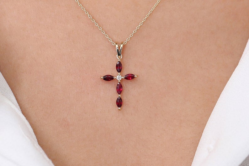 1.50 Ct Marquise Cut Red Ruby Cross Pendant In Yellow Gold Over On 925 Sterling Silver