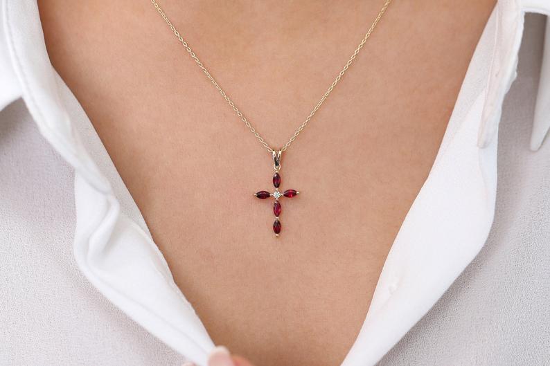 1.50 Ct Marquise Cut Red Ruby Cross Pendant In Yellow Gold Over On 925 Sterling Silver