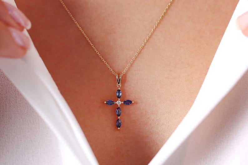 1.50 Ct Marquise Cut Blue Sapphire Cross Pendant In Yellow Gold Over On 925 Sterling Silver