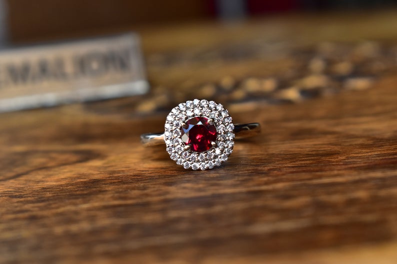1 CT Round Cut Red Garnet Diamond 925 Sterling Silver Halo Wedding Ring For Women