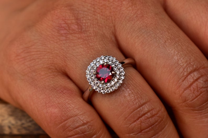 1 CT Round Cut Red Garnet Diamond 925 Sterling Silver Halo Wedding Ring For Women