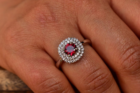 1 CT Round Cut Red Garnet Diamond 925 Sterling Silver Halo Wedding Ring For Women