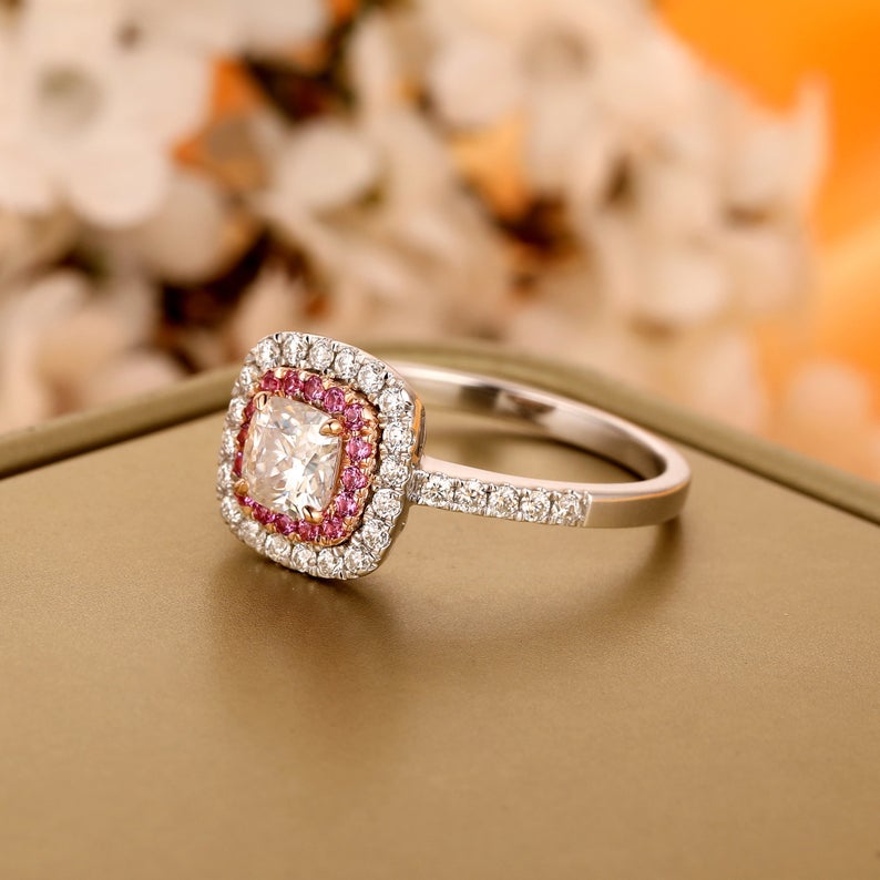 1 CT Cushion Cut Diamond 925 Sterling Silver Halo For Women, Pink Sapphire Accents Ring