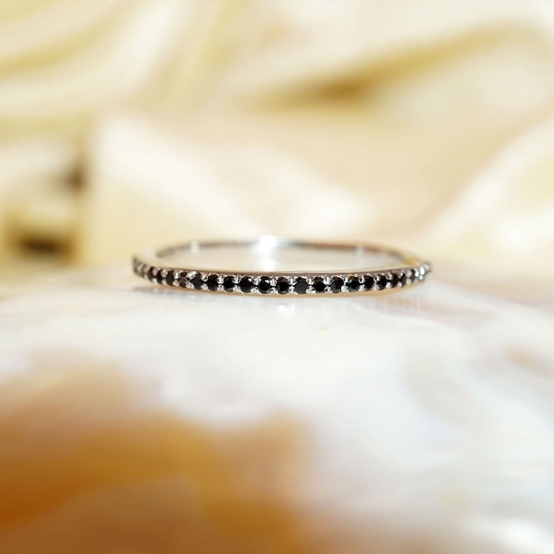 0.25 CT Round Cut Black Diamond 925 Sterling Silver Womens Wedding Half Eternity Band Ring
