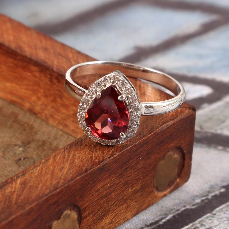 1 CT Pear Cut Red Garnet Diamond 925 Sterling Silver Women Halo Anniversary Gift For Her