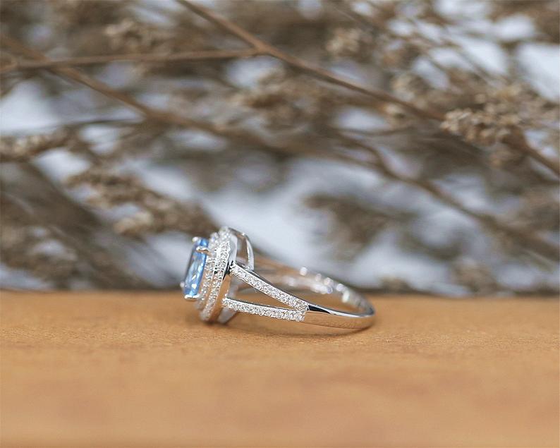1 CT Oval Cut Blue Topaz Diamond White Gold Over On 925 Sterling Silver Double Halo Engagement Ring