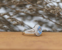 1 CT Oval Cut Blue Topaz Diamond White Gold Over On 925 Sterling Silver Double Halo Engagement Ring