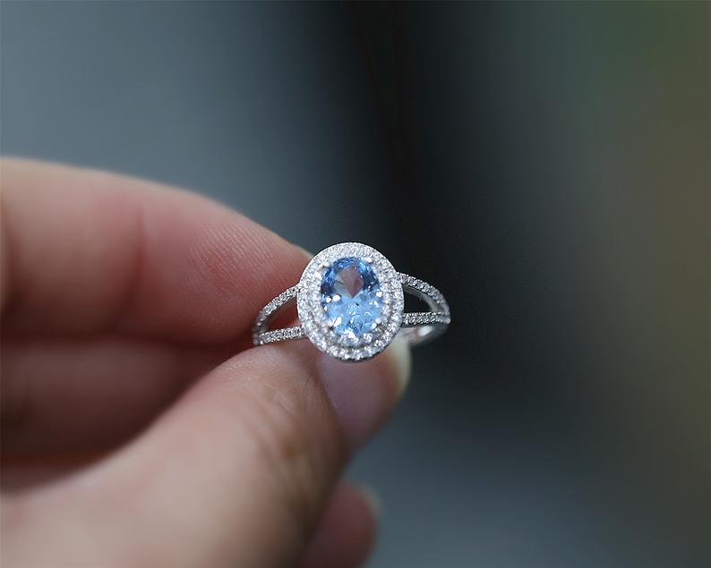 1 CT Oval Cut Blue Topaz Diamond White Gold Over On 925 Sterling Silver Double Halo Engagement Ring