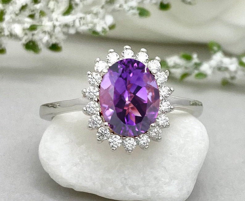 1 CT Oval Cut Amethyst Diamond White Gold Over On 925 Sterling Silver Halo Wedding Ring For Women