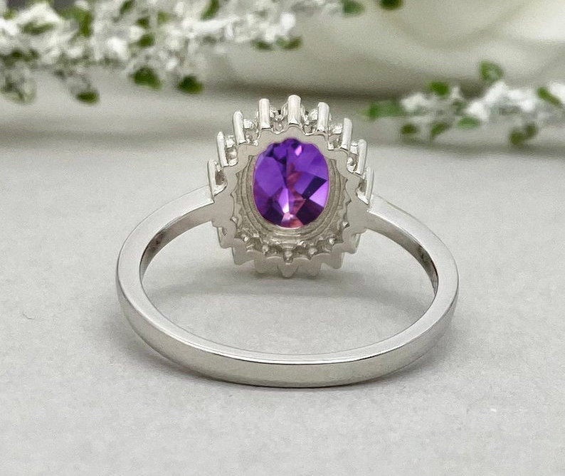 Statement Ring Solitaire With Accents Ring Amethyst Halo Ring handmade Ring Jewelry 925 Sterling Silver 14K White 2024 Gold Plated