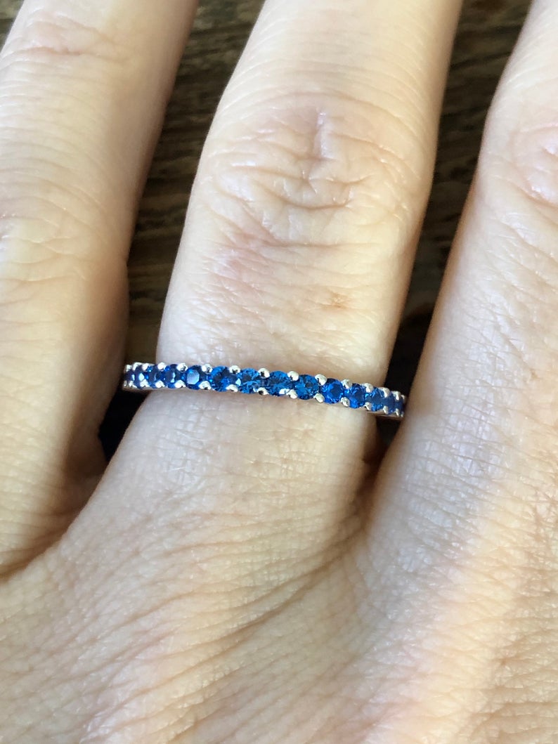 1 CT Blue Sapphire Diamond 925 Sterling Silver Full Eternity Wedding Band Ring