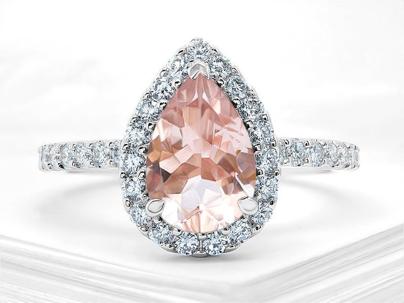 1 CT Pear Cut Morganite Diamond 925 Sterling Silver Halo Wedding Ring