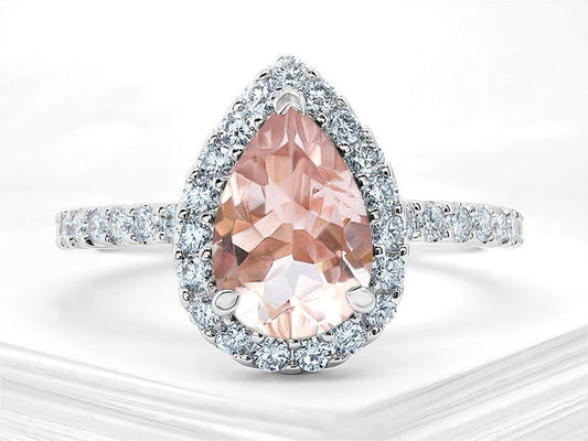 1 CT Pear Cut Morganite Diamond 925 Sterling Silver Halo Wedding Ring