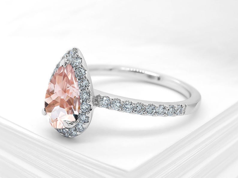 1 CT Pear Cut Morganite Diamond 925 Sterling Silver Halo Wedding Ring