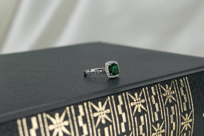 1CT Cushion Cut Emerald Diamond White Gold Over On 925 Sterling Silver Halo Engagement Ring