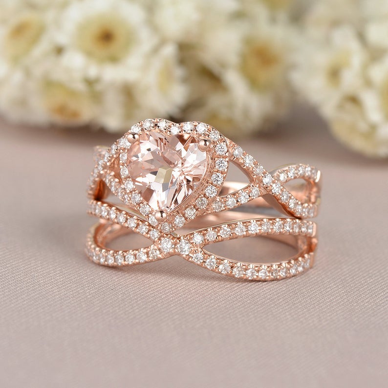 1 CT Heart Cut Morganite Diamond Rose Gold Over On 925 Sterling Silver Infinity Bridal Ring Set