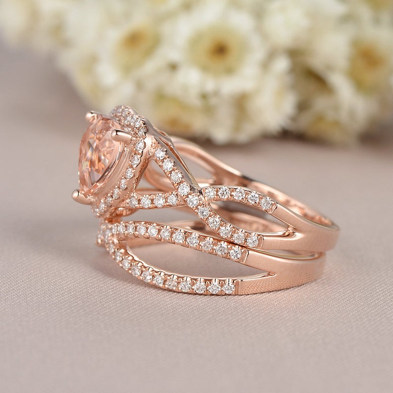 1 CT Heart Cut Morganite Diamond Rose Gold Over On 925 Sterling Silver Infinity Bridal Ring Set