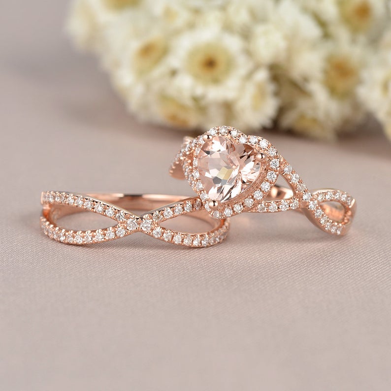 1 CT Heart Cut Morganite Diamond Rose Gold Over On 925 Sterling Silver Infinity Bridal Ring Set