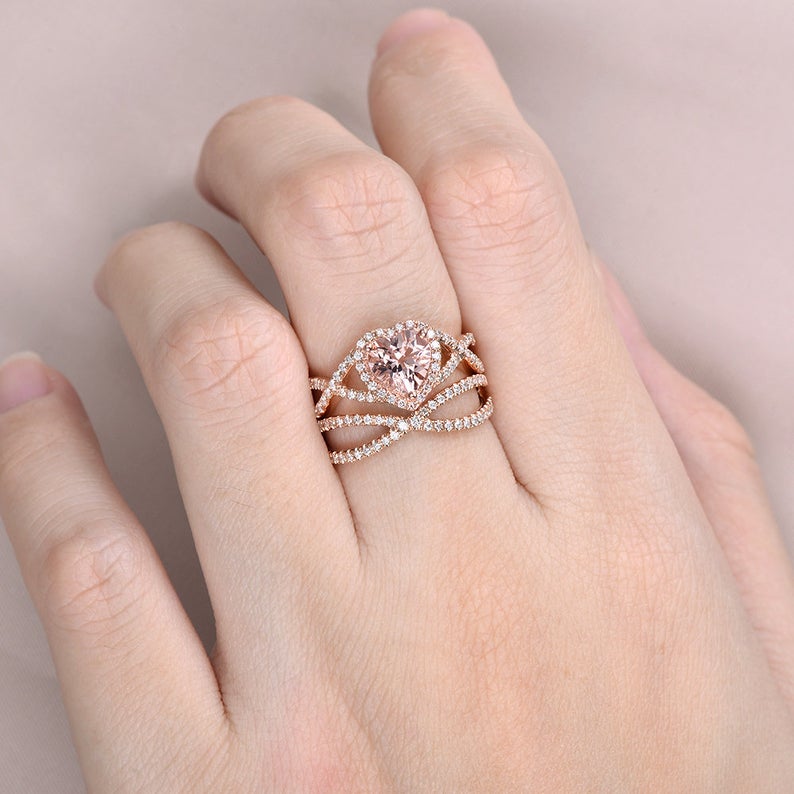 2 CT Heart Cut Morganite Diamond 925 Sterling Silver Halo Wedding Bridal Ring Set
