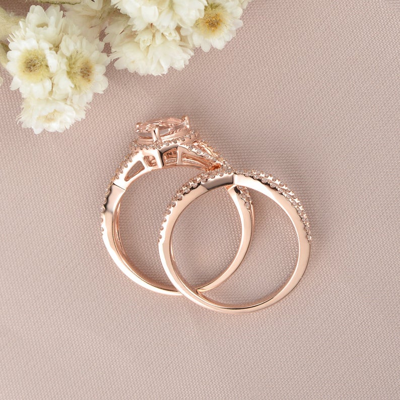 1 CT Heart Cut Morganite Diamond Rose Gold Over On 925 Sterling Silver Infinity Bridal Ring Set