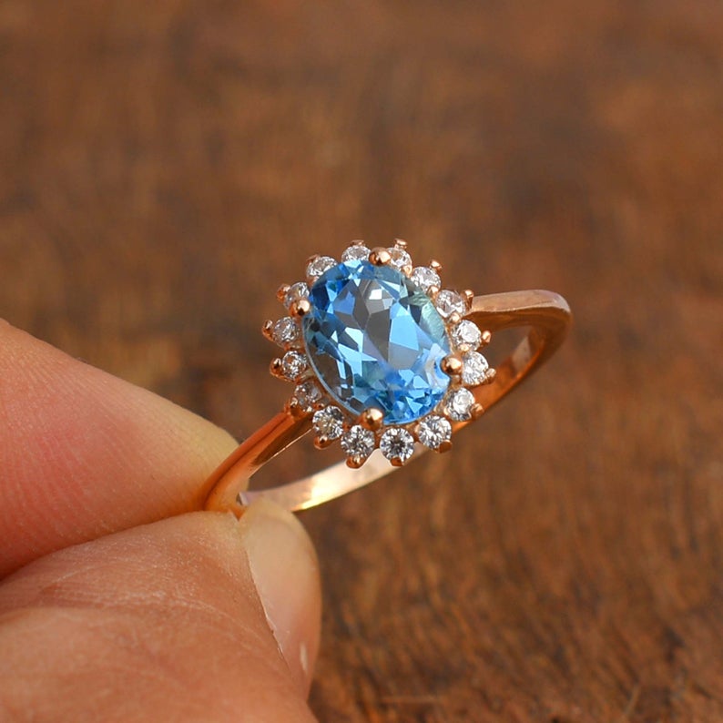 2 CT Oval Blue Topaz Diamond 925 Sterling Silver Women Halo Anniversary Ring
