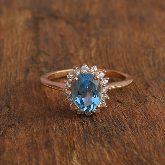 2 CT Oval Blue Topaz Diamond 925 Sterling Silver Women Halo Anniversary Ring