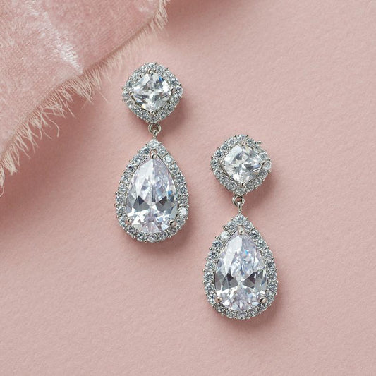 3.50 Ct Pear & Cushion Cut Diamond Halo Engagement Dangle Earrings In 925 Sterling Silver