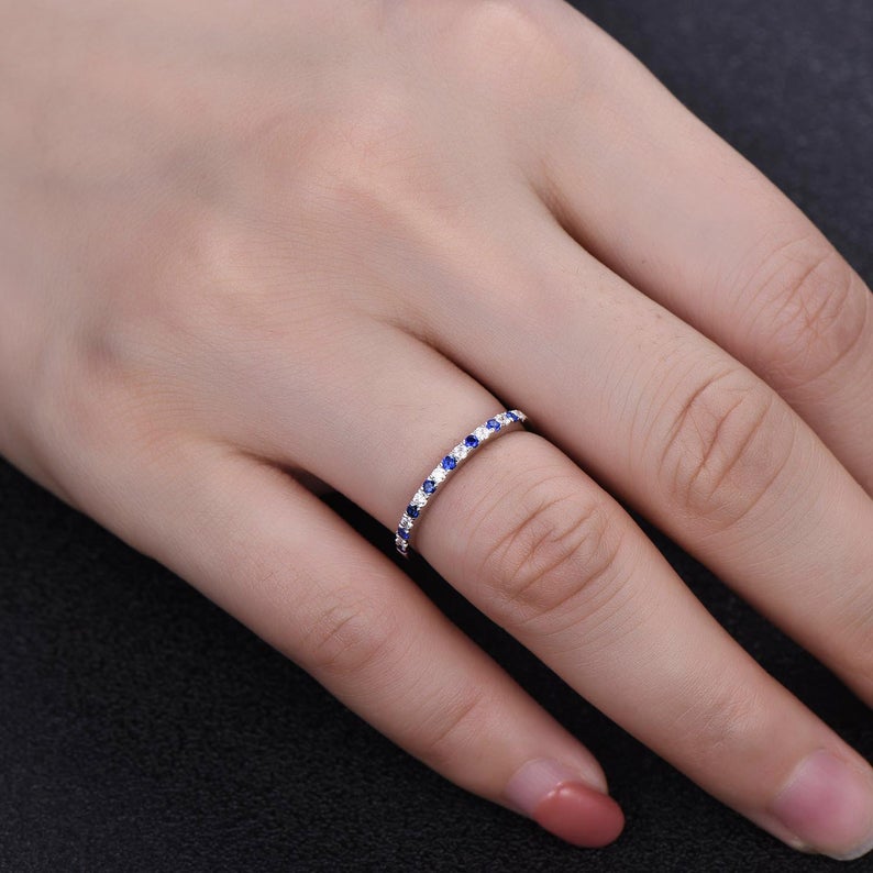 1 CT Round Cut Blue Sapphire and CZ Diamond 925 Sterling Silver Half Eternity Wedding Band Ring