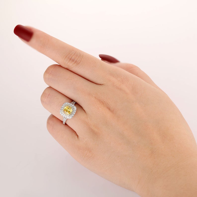 1 CT Cushion Cut Citrine Diamond White Gold Over On 925 Sterling Silver Double Halo Anniversary Ring