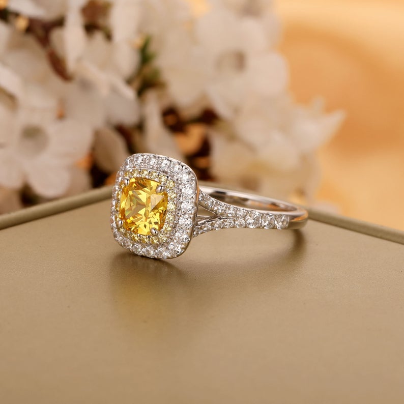 1 CT Cushion Cut Citrine Diamond White Gold Over On 925 Sterling Silver Double Halo Anniversary Ring