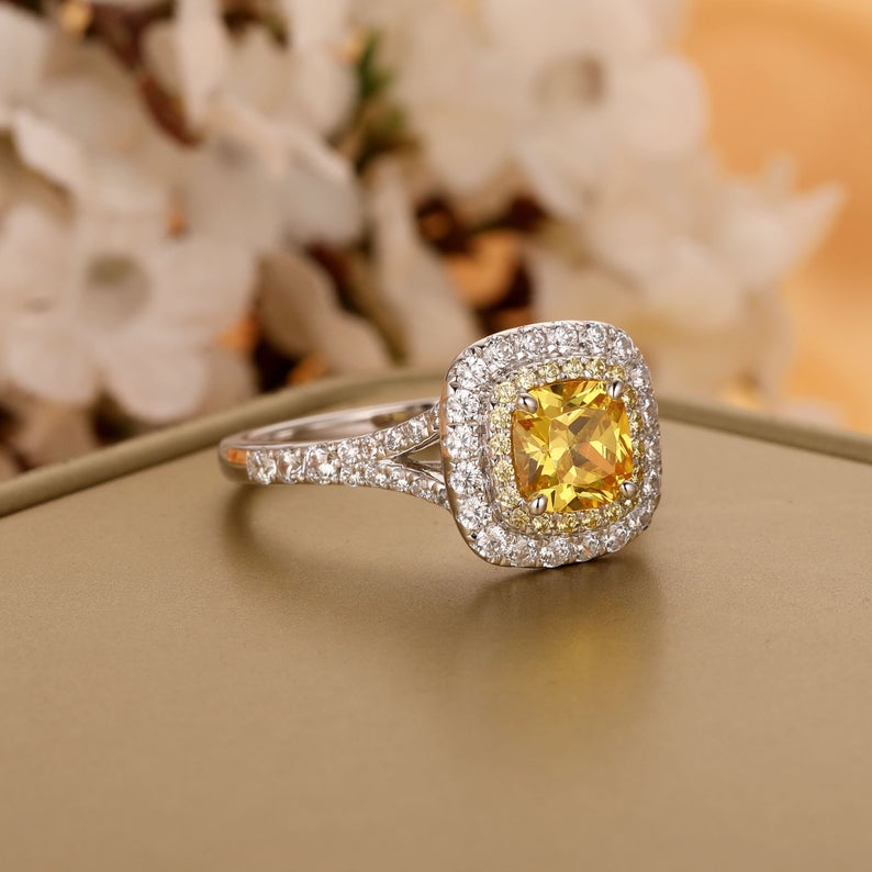 1 CT Cushion Cut Citrine Diamond White Gold Over On 925 Sterling Silver Double Halo Anniversary Ring