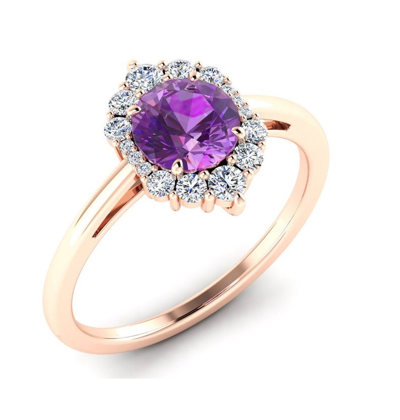 2 CT Round Cut Amethyst Diamond Rose Gold Over On 925 Sterling Silver Halo Anniversary Ring