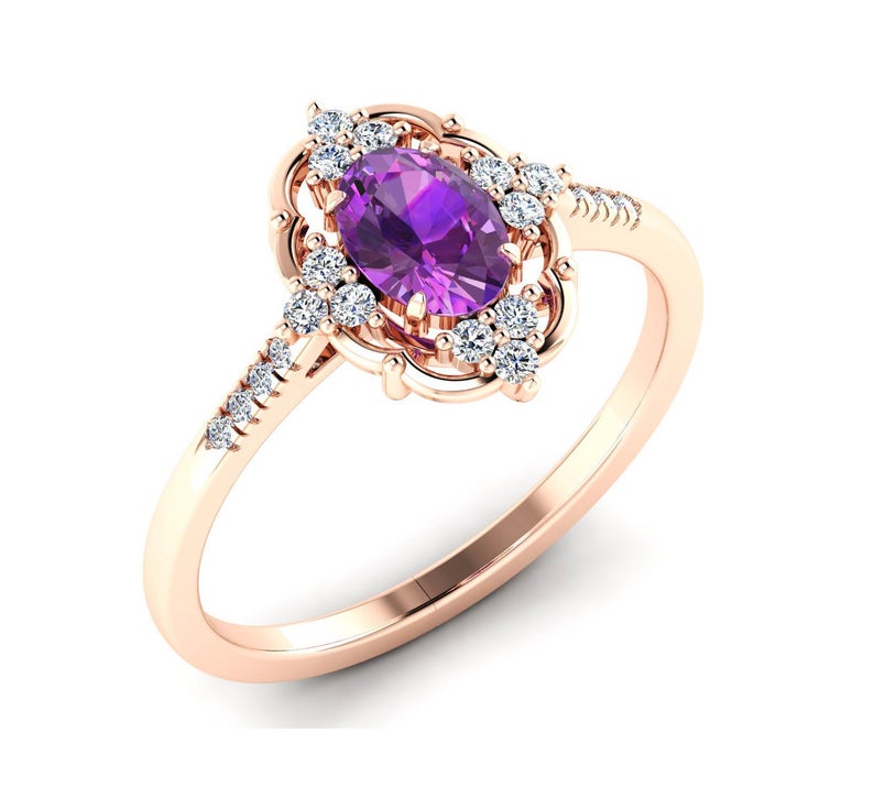 1 CT Oval Cut Amethyst Diamond Rose Gold Over On 925 Sterling Silver Anniversary Ring