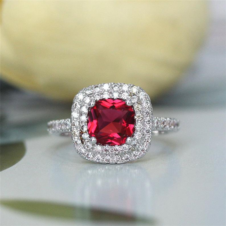 1 CT Cushion Cut Red Ruby Diamond 925 Sterling Silver Double Halo Diamond Wedding Ring