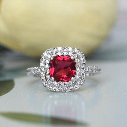 1 CT Cushion Cut Red Ruby Diamond 925 Sterling Silver Double Halo Diamond Wedding Ring