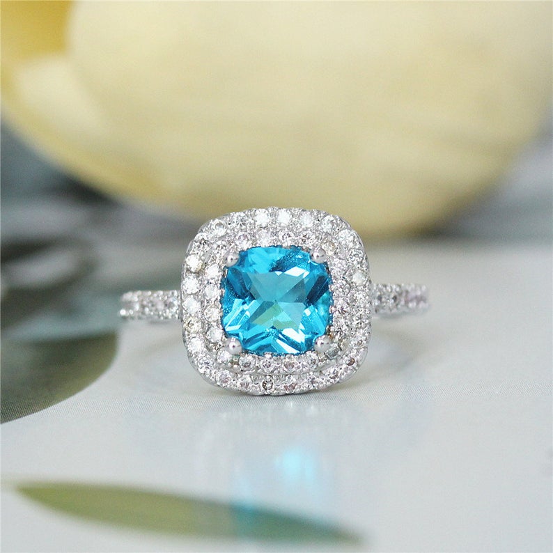 1 CT Cushion Cut Blue Topaz Diamond 925 Sterling Silver Double Halo Wedding Ring