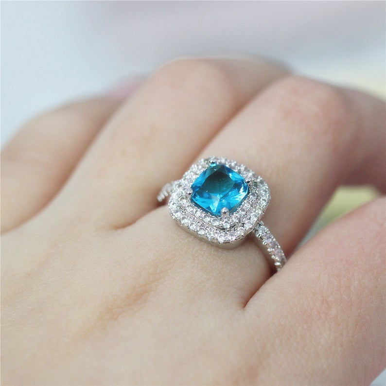1 CT Cushion Cut Blue Topaz Diamond 925 Sterling Silver Double Halo Wedding Ring