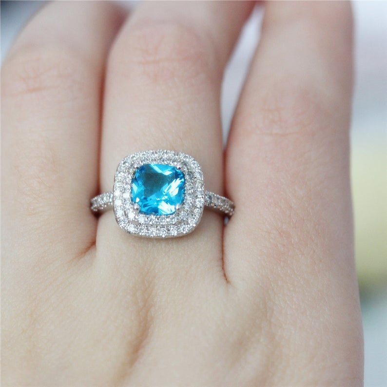 1 CT Cushion Cut Blue Topaz Diamond 925 Sterling Silver Double Halo Wedding Ring