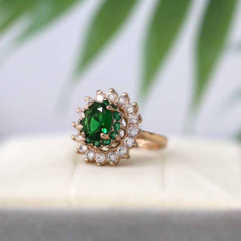 2 CT Oval Cut Emerald Diamond CZ & Emerald Round Rose Gold Over On 925 Sterling Silver Double Halo Wedding Ring