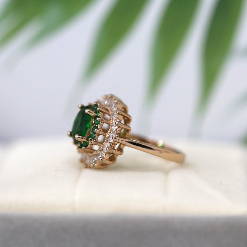 2 CT Oval Cut Emerald Diamond CZ & Emerald Round Rose Gold Over On 925 Sterling Silver Double Halo Wedding Ring