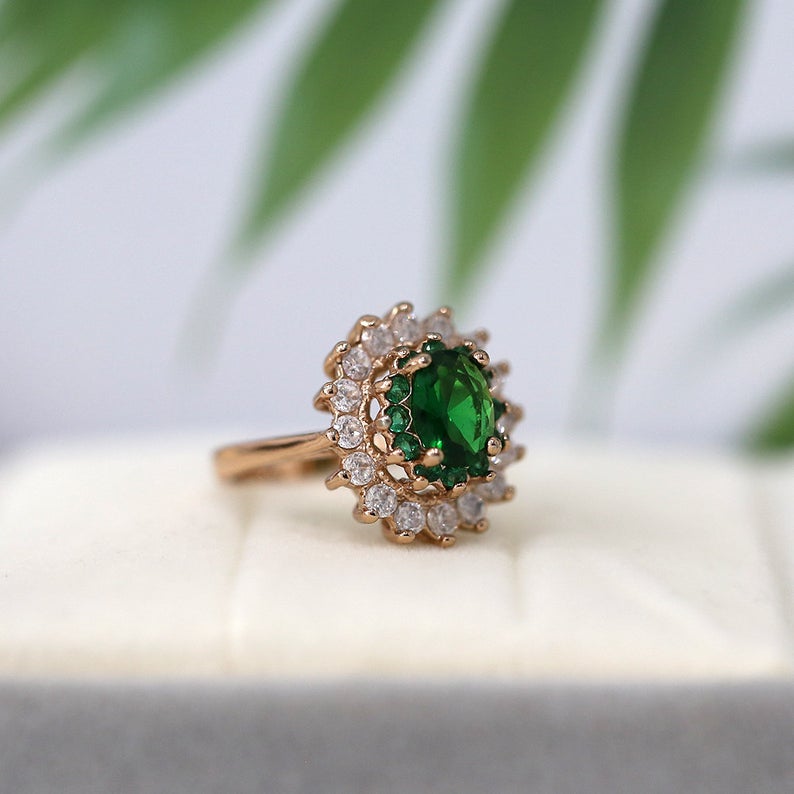 2 CT Oval Cut Emerald Diamond CZ & Emerald Round Rose Gold Over On 925 Sterling Silver Double Halo Wedding Ring