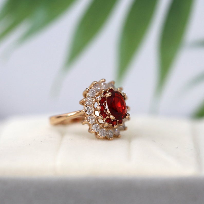 1 CT Oval Cut Red Garnet Diamond Rose Gold Over On 925 Sterling Silver Double Halo Wedding Ring