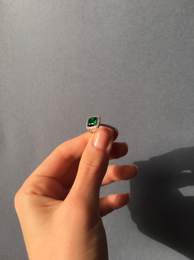 1CT Cushion Cut Emerald Diamond White Gold Over On 925 Sterling Silver Halo Engagement Ring