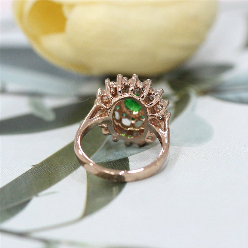 1 CT Oval Cut Green Emerald And CZ Diamond Rose Gold Over On 925 Sterling Silver Double Halo Engagement Ring