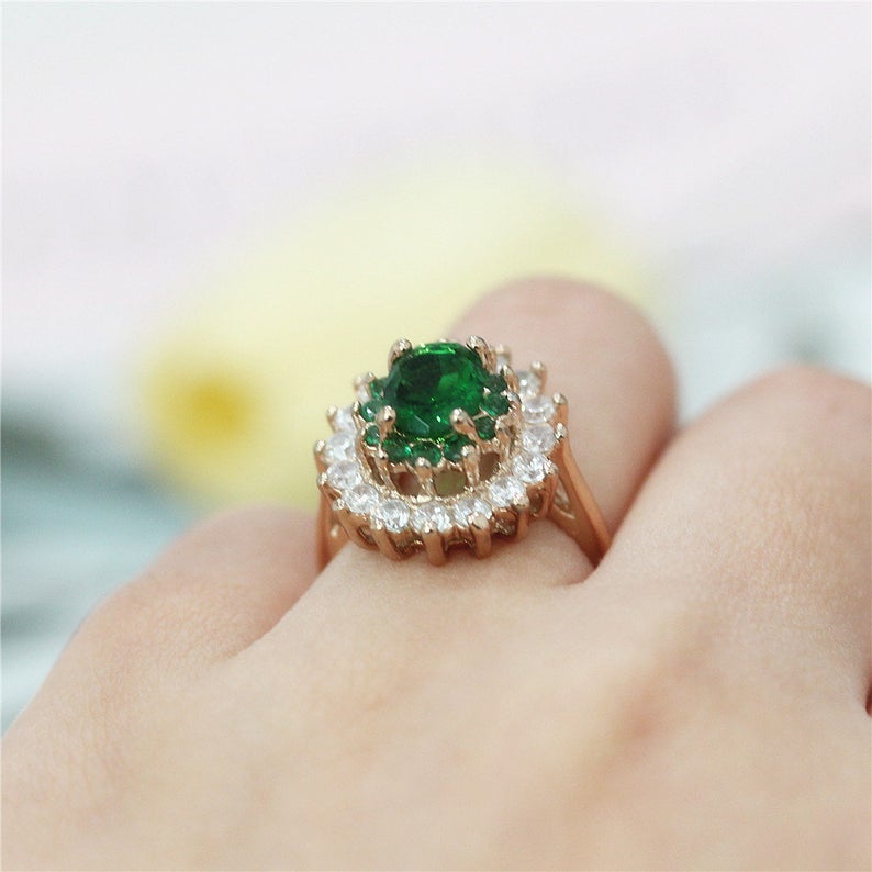 1 CT Oval Cut Green Emerald And CZ Diamond Rose Gold Over On 925 Sterling Silver Double Halo Engagement Ring